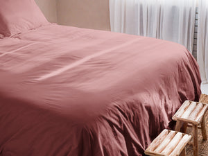 Dejorine - Parure de lit en Percale de Coton - Teinte Grenat d'antan - Couleur Rose Rouge Foncé